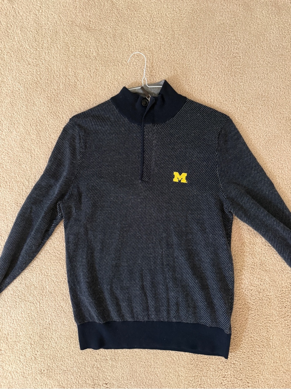 Brooks Brothers Navy Merino Quarter-Zip Sweater with Michigan 'M' Patch